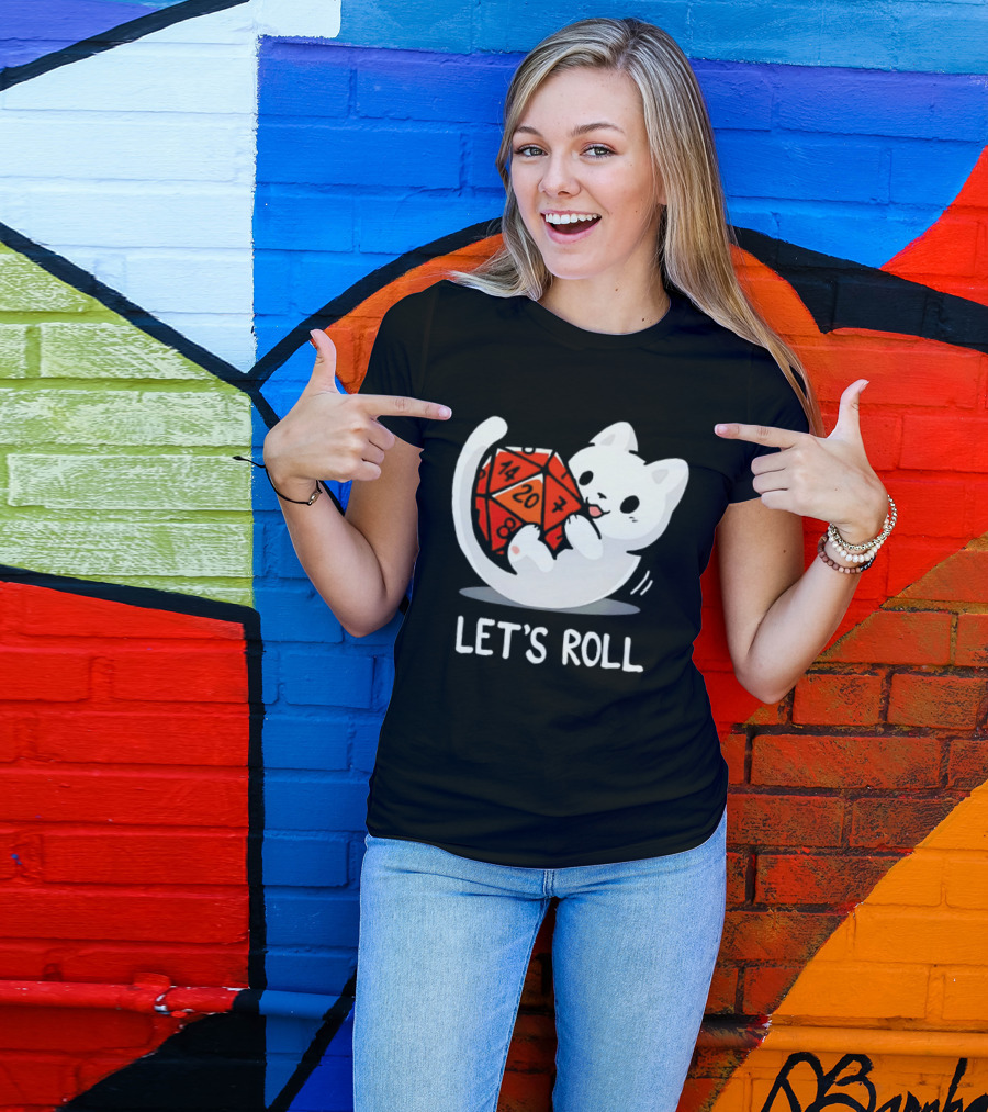 Let's Roll Cat Holding 20 Sided Die Dungeons And Dragons T-Shirt