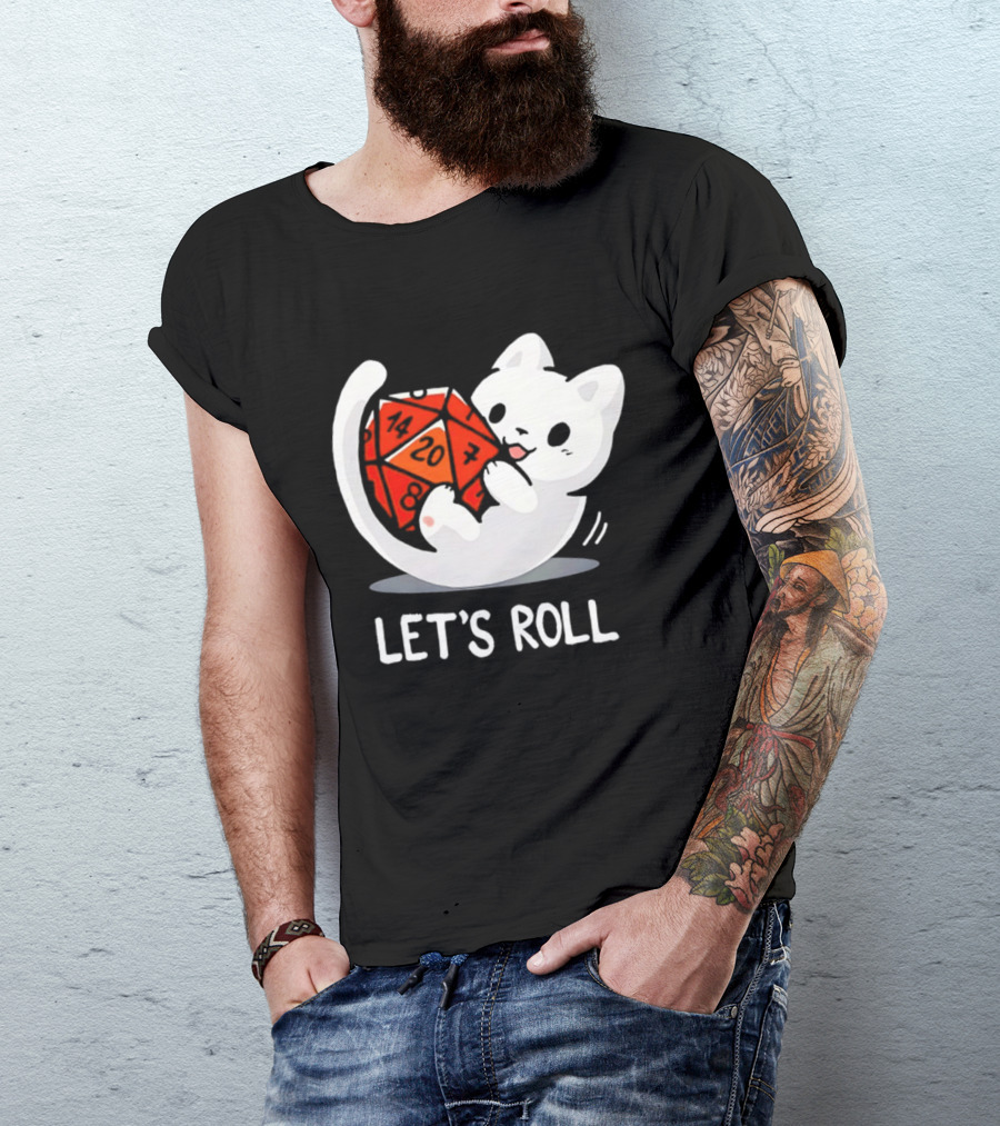 Let's Roll Cat Holding 20 Sided Die Dungeons And Dragons T-Shirt