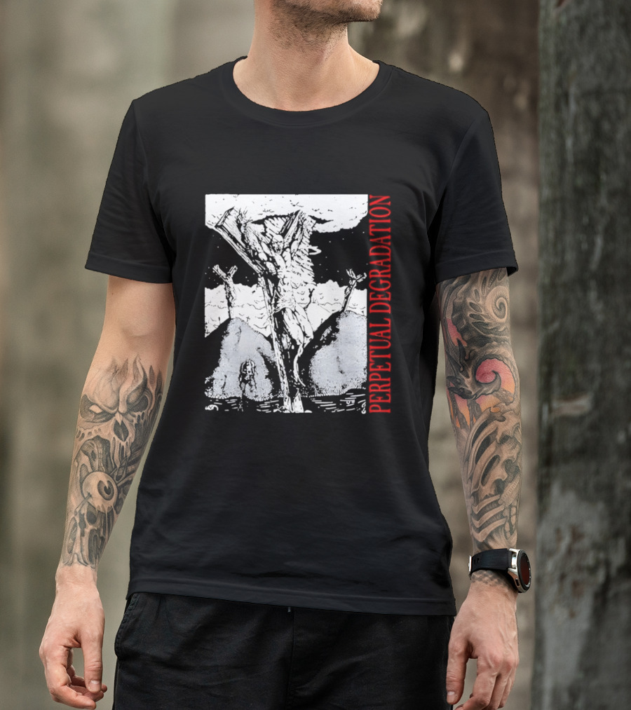 Perpetual Degradation Monster Crucifixion Skull Mountains Clouds T-Shirt