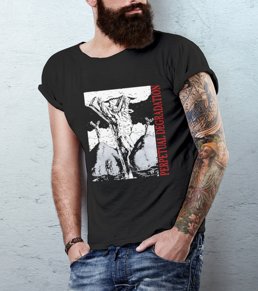 Perpetual Degradation Monster Crucifixion Skull Mountains Clouds T-Shirt