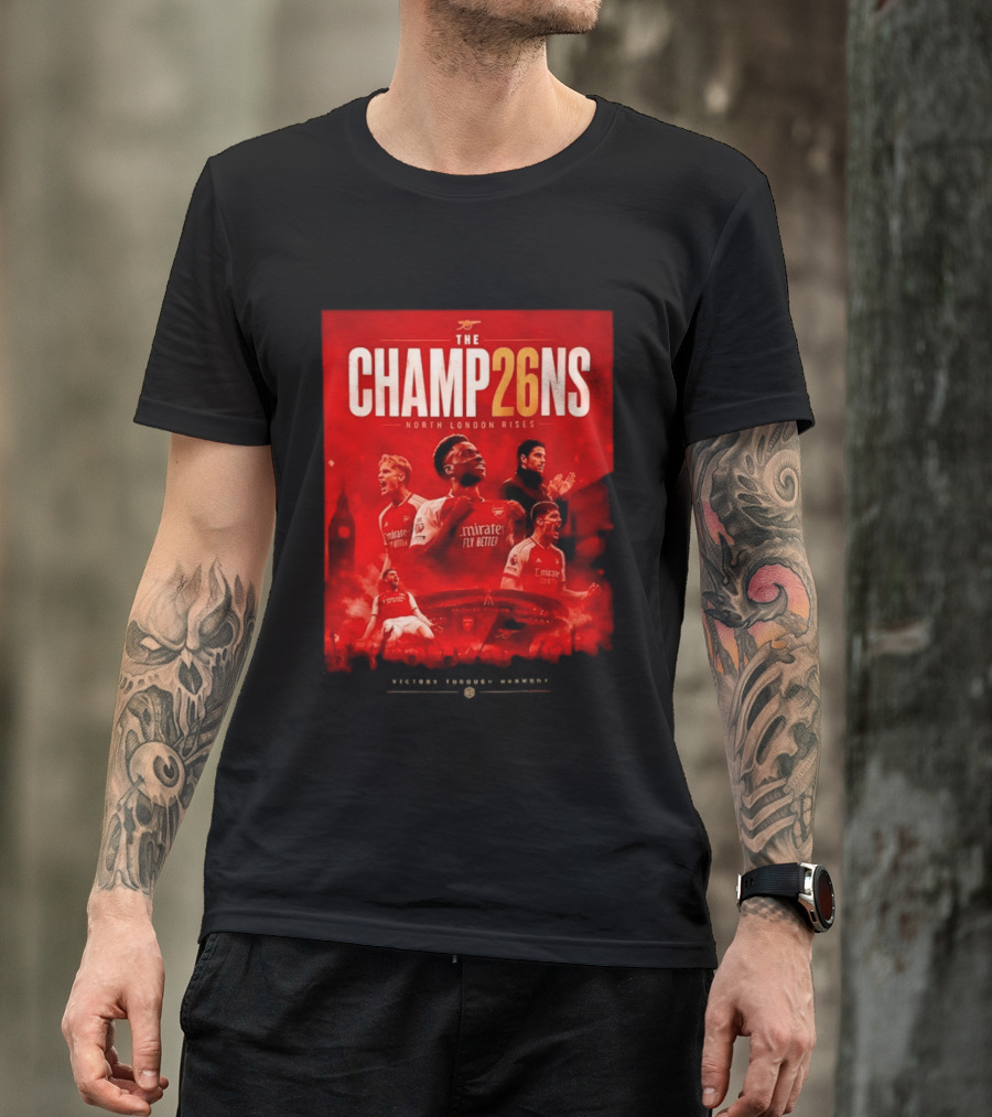 Arsenal FC The Champ26ns North London Rises Emirates Fly Better 2026 T-Shirt
