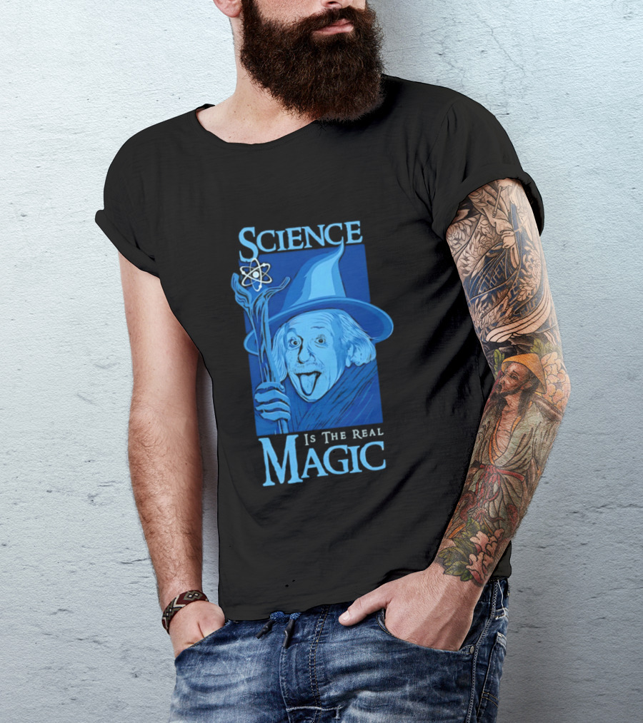 Science Is The Real Magic Einstein Wizard Motif T-Shirt