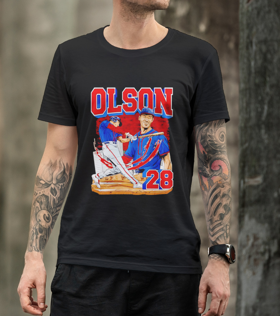 Olson 28 Baseball Player Blue And Red Hand Drawn T-Shirt