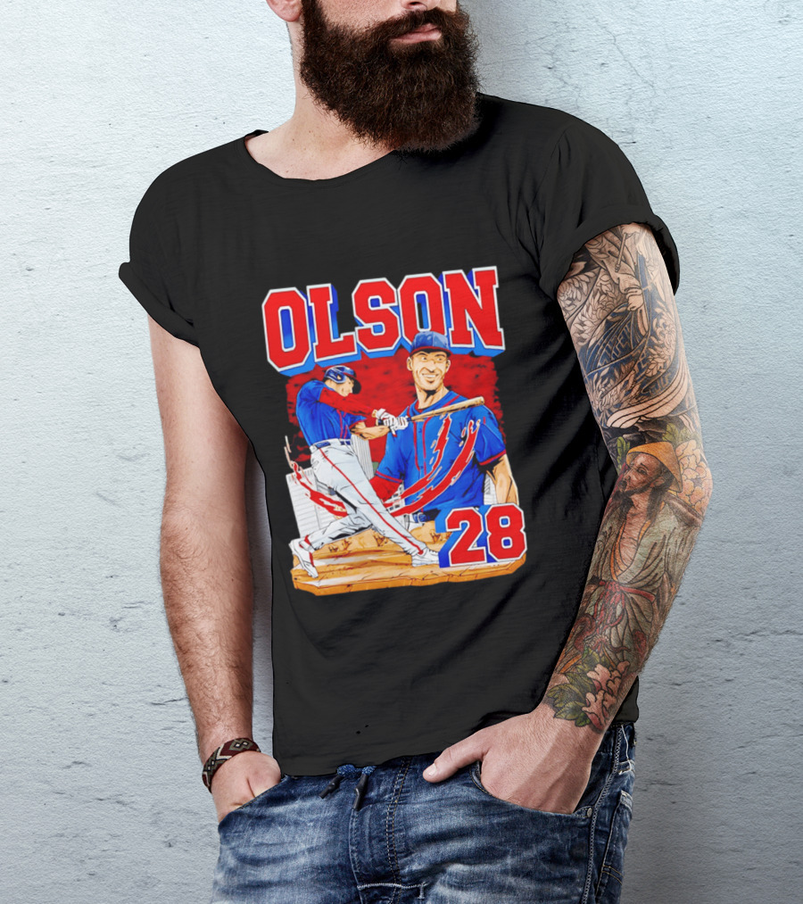 Olson 28 Baseball Player Blue And Red Hand Drawn T-Shirt