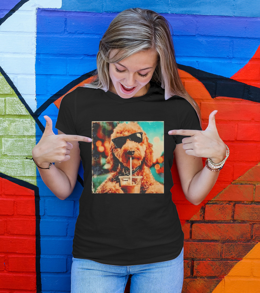 Goldendoodle With Sunglasses Enjoying Iced Coffee Retro Cool Vibes T-Shirt