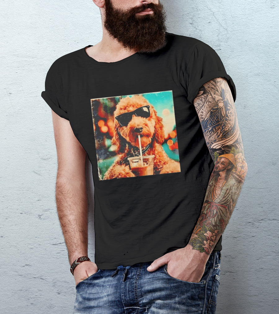 Goldendoodle With Sunglasses Enjoying Iced Coffee Retro Cool Vibes T-Shirt