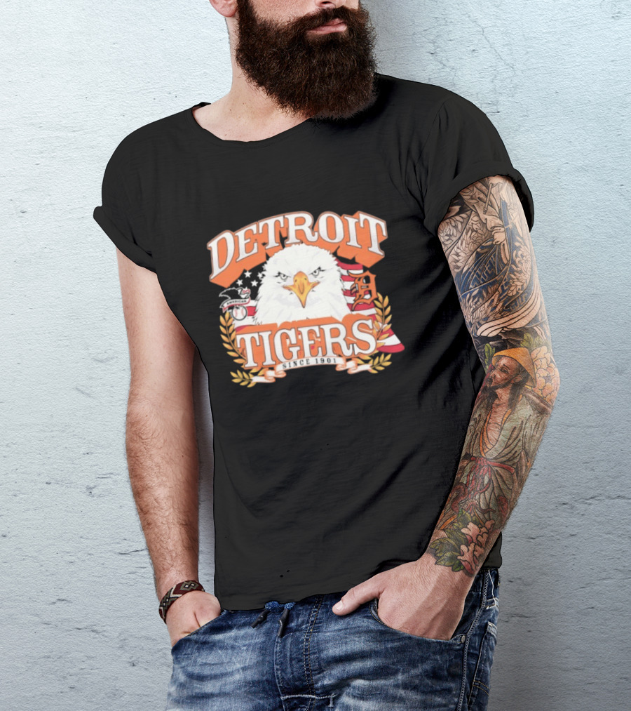 Detroit Tigers Eagle Emblem With American Flag And Stars T-Shirt