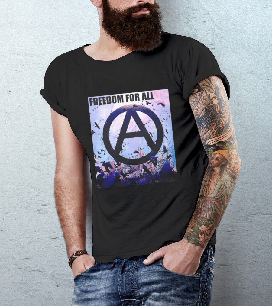 FdA IFA Freedom For All Anarchy Symbol With Birds And City Skyline T-Shirt