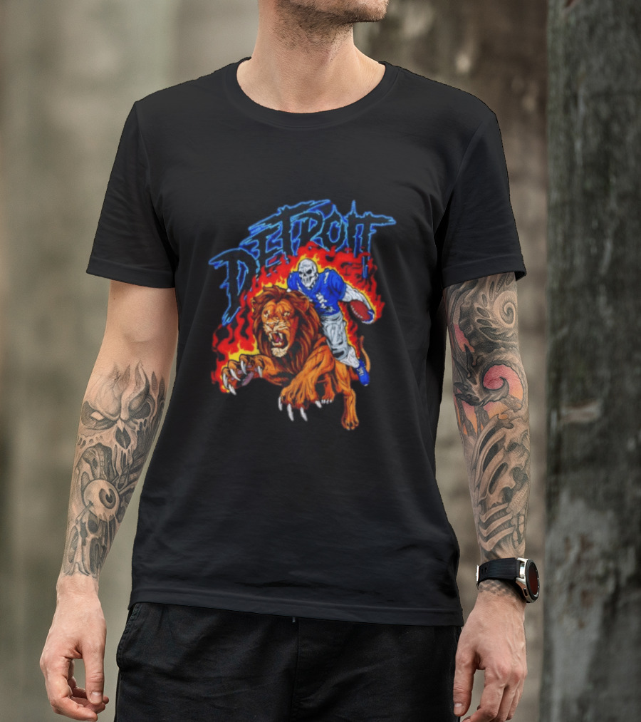Detroit Skeleton Football Player Lion Fire Fusion T-Shirt
