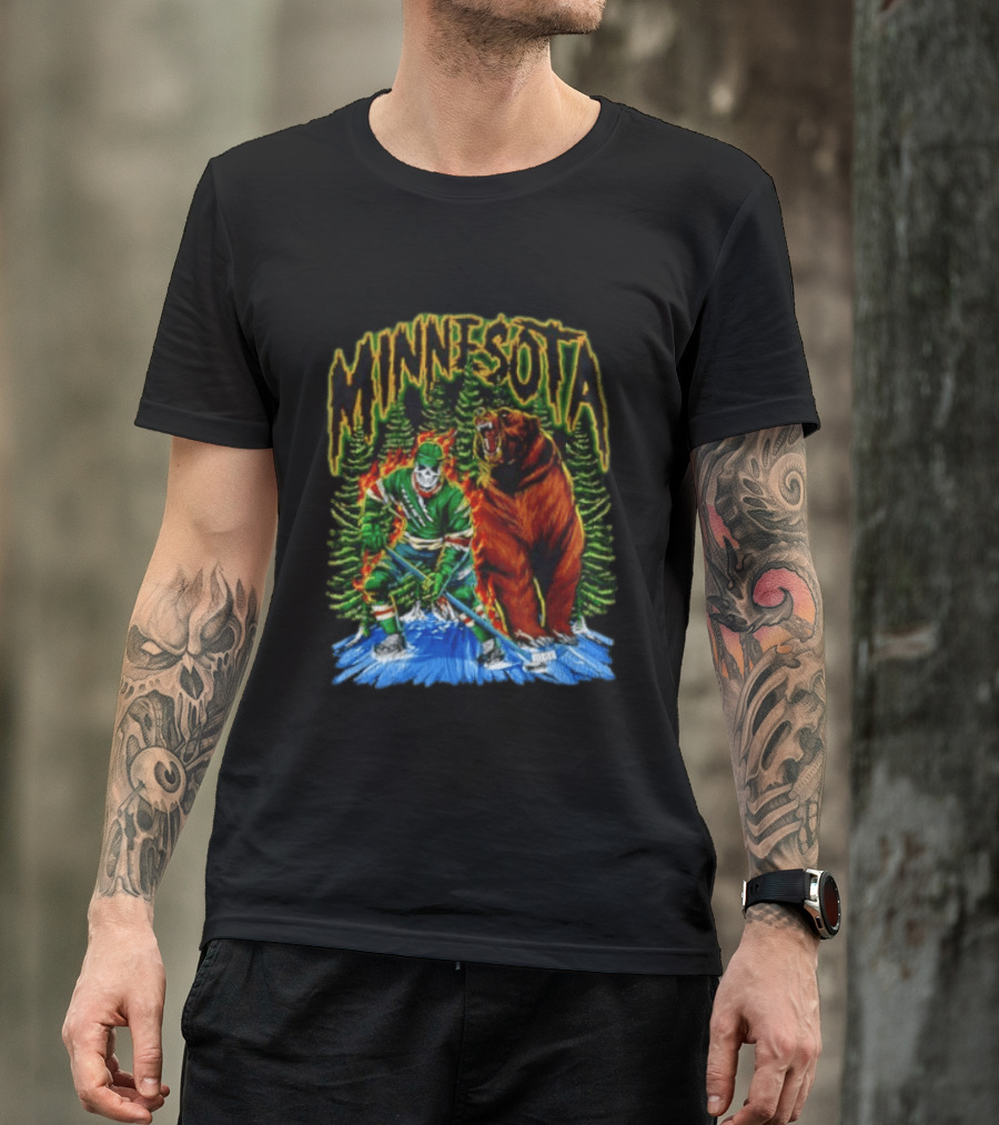 Minnesota Wild Hockey Skeleton Bear Forest Fire T-Shirt