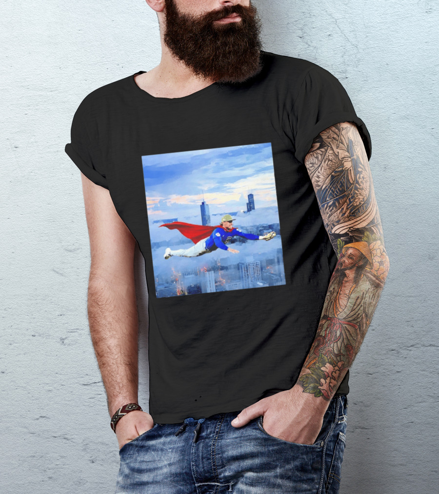 Superman Nico Hoerner Chicago Cubs Second Baseman Flying Over City Skyline T-Shirt