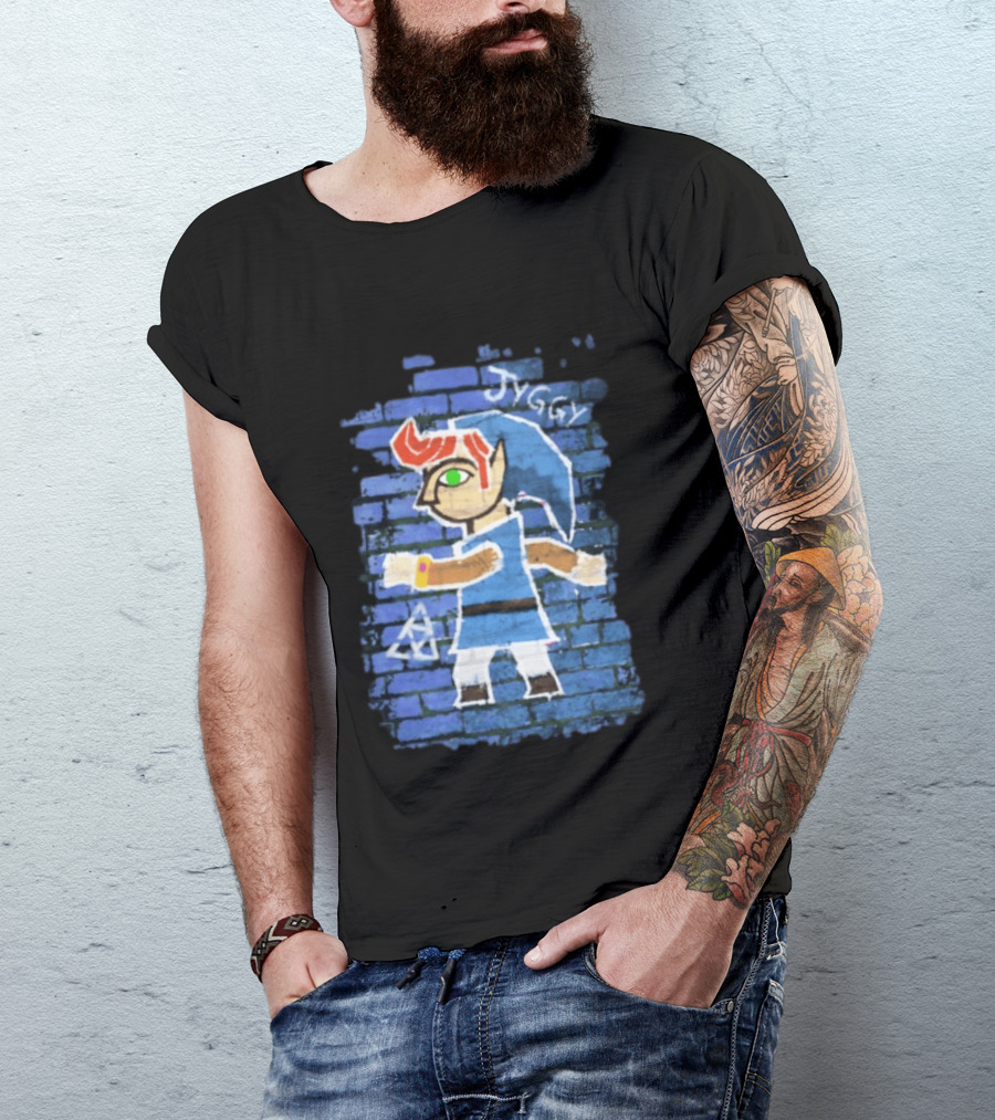 Jyggy ALBJ Character With Triforce On Blue Brick T-Shirt