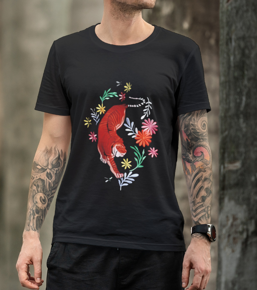 Todd Herzog Bengal Tiger Floral Motif With Vibrant Blooming Flowers T-Shirt