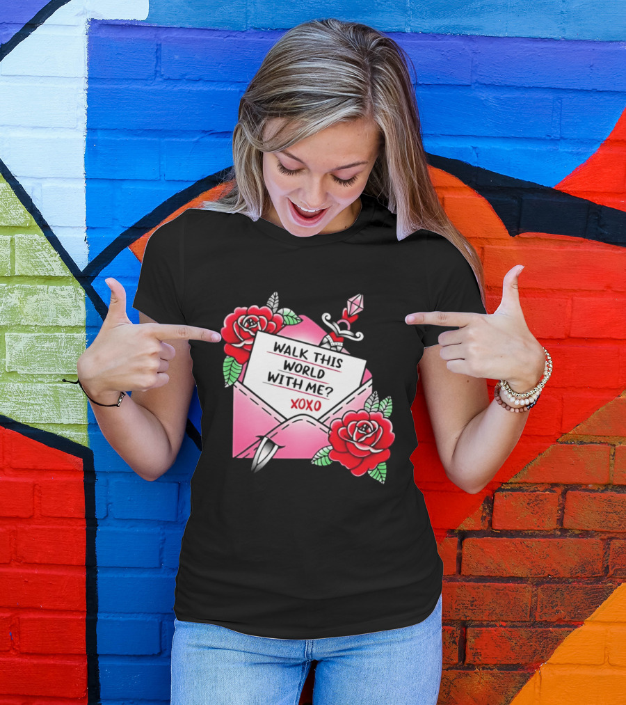 Walk This World With Me XOXO Romantic Tattoo Roses And Letter Envelope T-Shirt