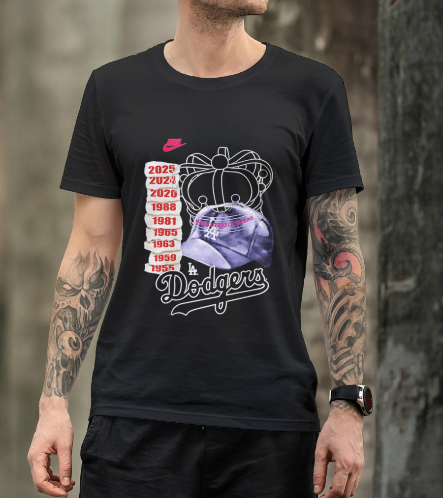 Los Angeles Dodgers 9x World Series Champions Crown And Cap 1955 2025 T-Shirt
