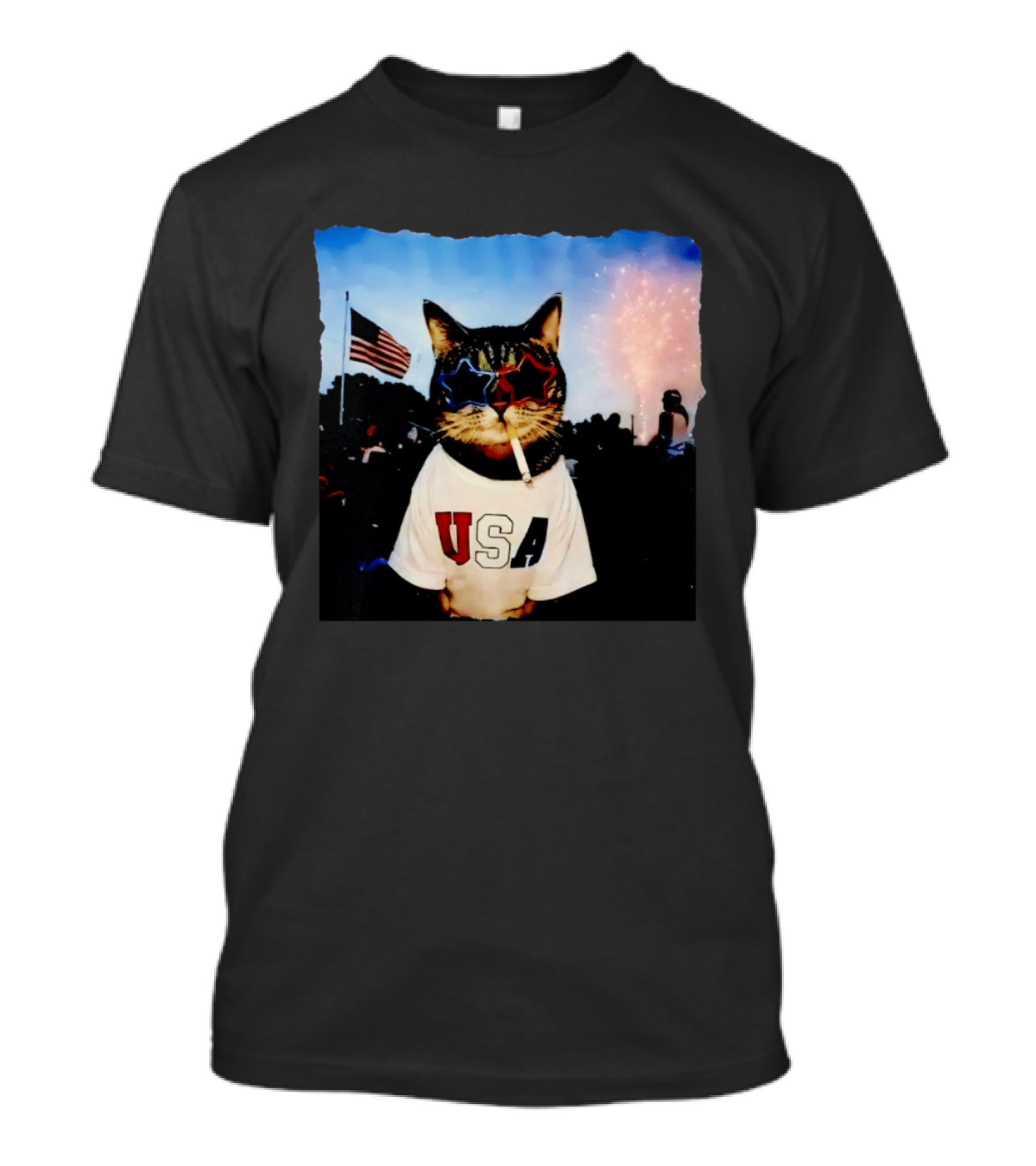 USA Cat With American Flag Sunglasses Smoking Fireworks T-Shirt