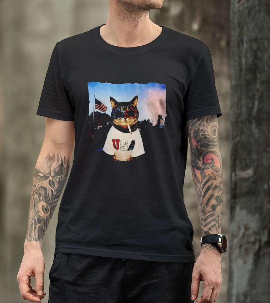 USA Cat With American Flag Sunglasses Smoking Fireworks T-Shirt