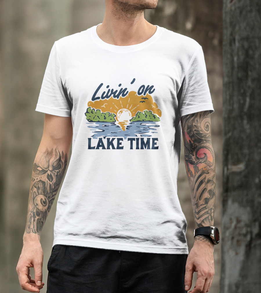 Livin On Lake Time Sunset With Trees And Birds T-Shirt