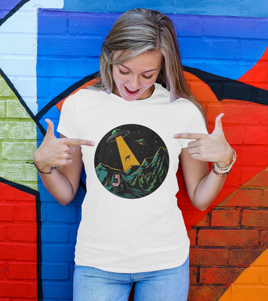UFOs Aliens Abduction Night Sky Mountains Forest Trees Stars Beam T-Shirt