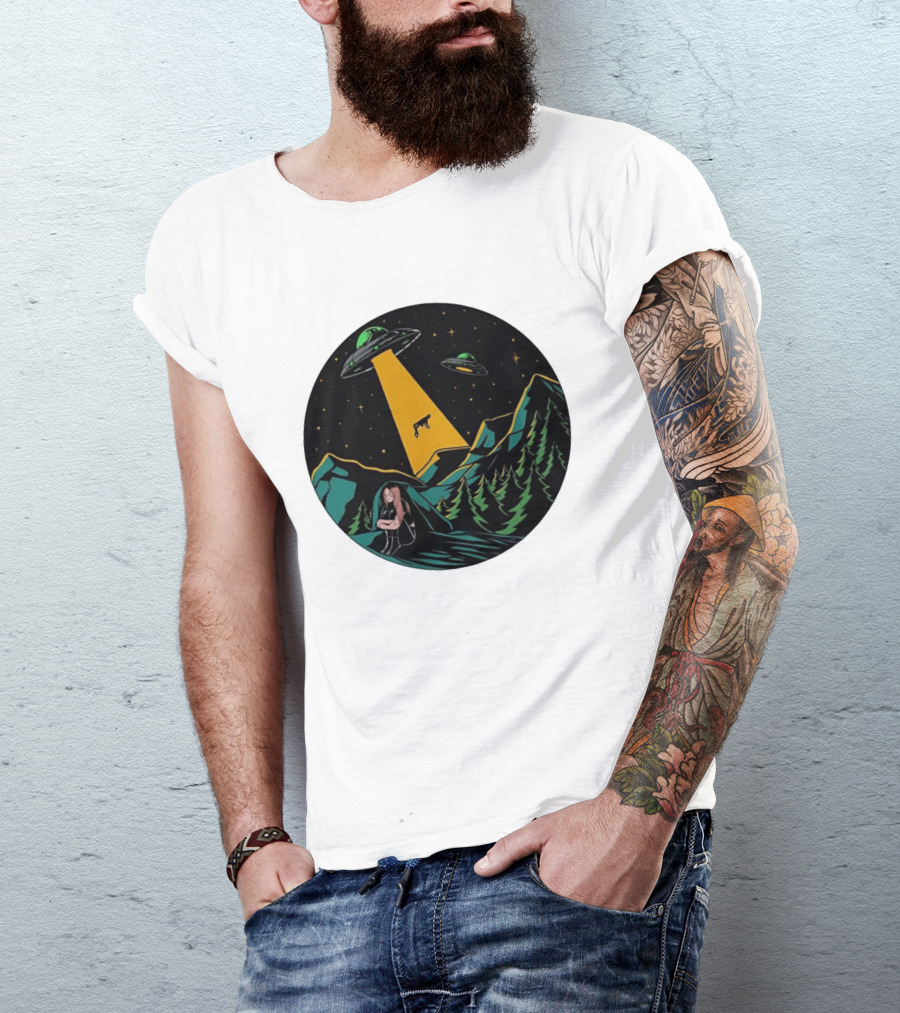 UFOs Aliens Abduction Night Sky Mountains Forest Trees Stars Beam T-Shirt