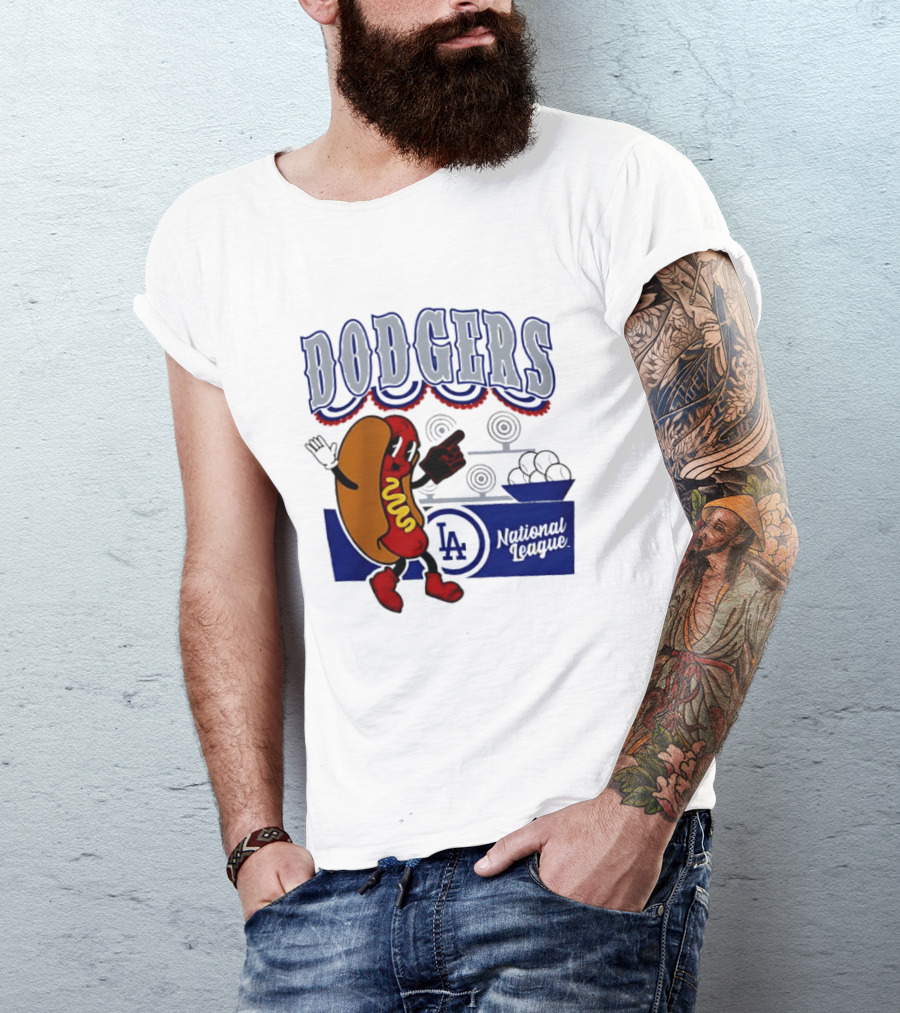 Cartoon Hot Dog Dodgers LA National League Baseball T-Shirt