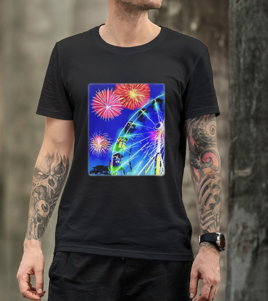 Ferris Wheel Fireworks Night Display Blue Sky T-Shirt