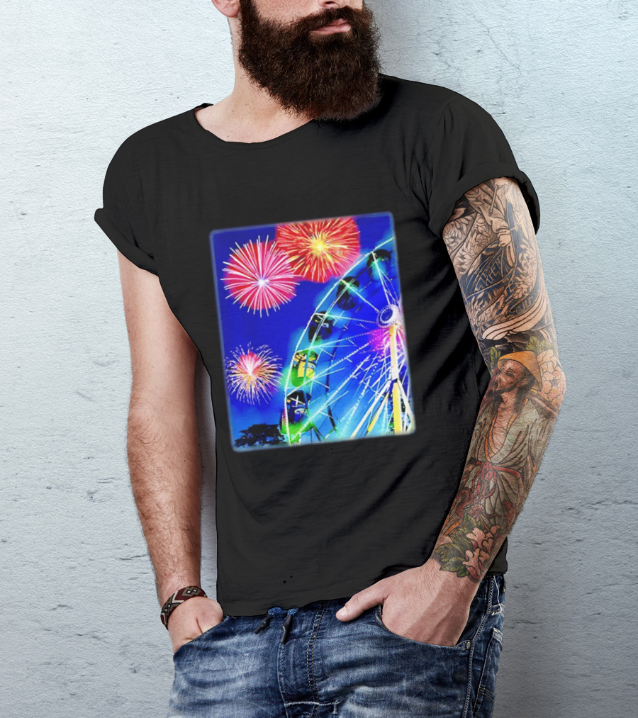 Ferris Wheel Fireworks Night Display Blue Sky T-Shirt