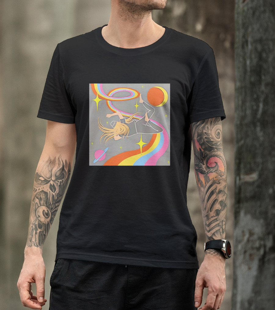 Rainbow Swirl Stars Crescent Moon Planet Orbit Cosmos Night Galaxy T-Shirt