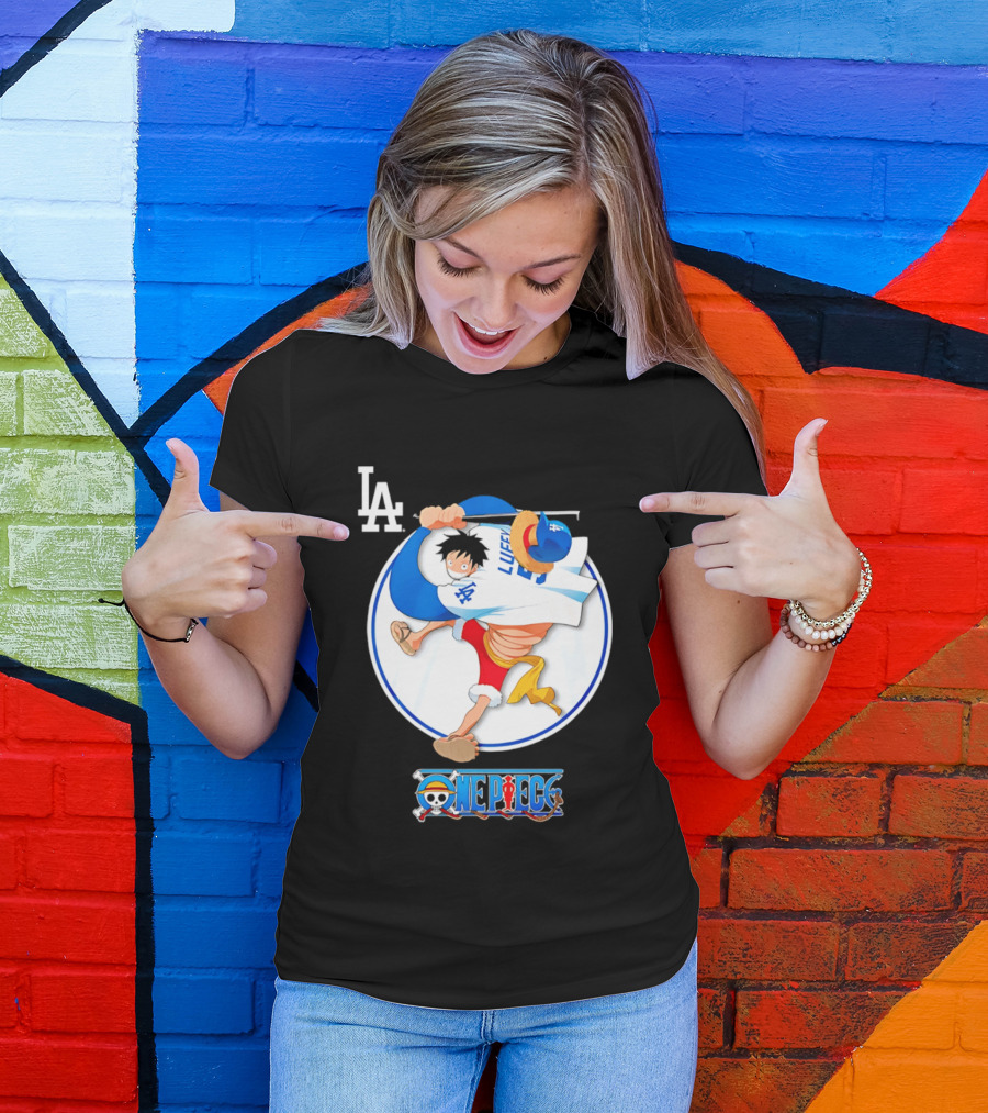 Los Angeles Dodgers Luffy OnePiece Collaboration With LA Logo And One Piece Branding T-Shirt
