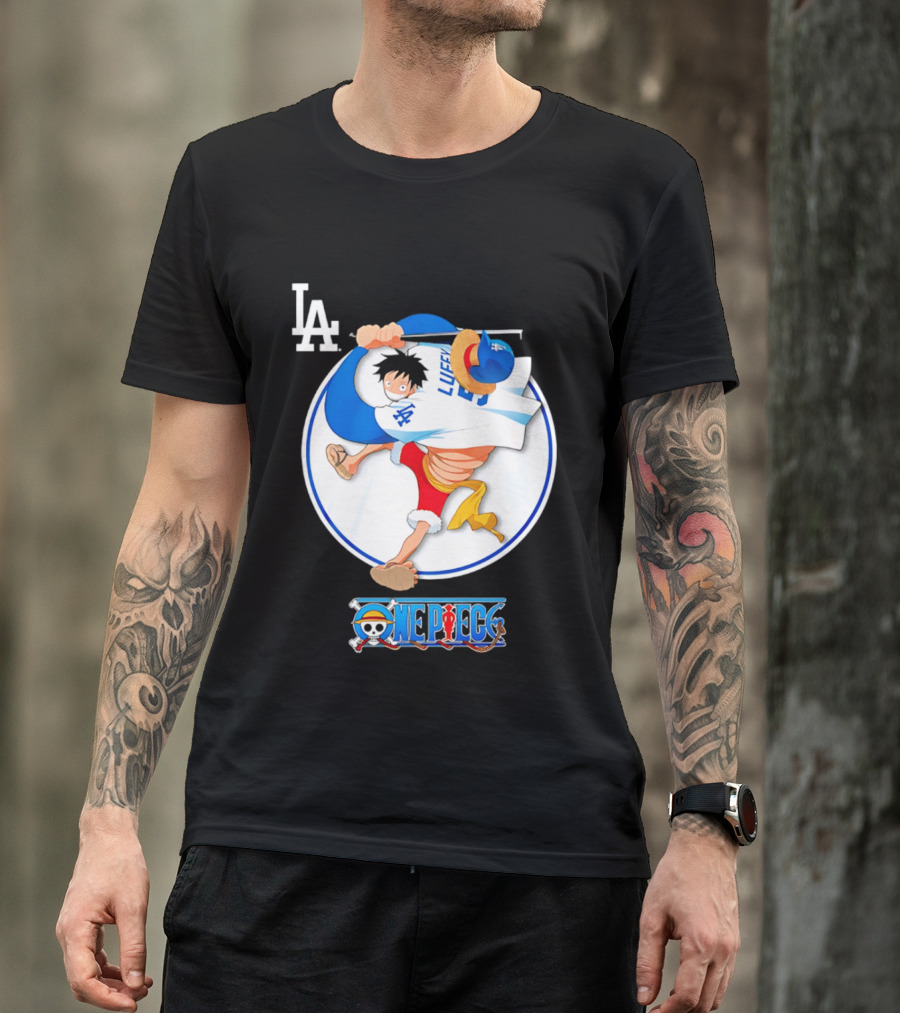 Los Angeles Dodgers Luffy OnePiece Collaboration With LA Logo And One Piece Branding T-Shirt