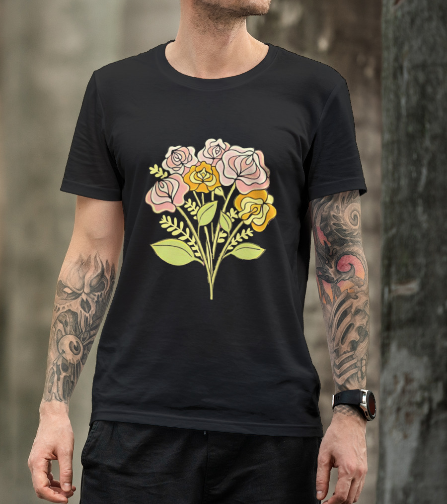 Pink Roses Yellow Roses Leaves Stems Bloom Blossom Petal Flower Plant T-Shirt
