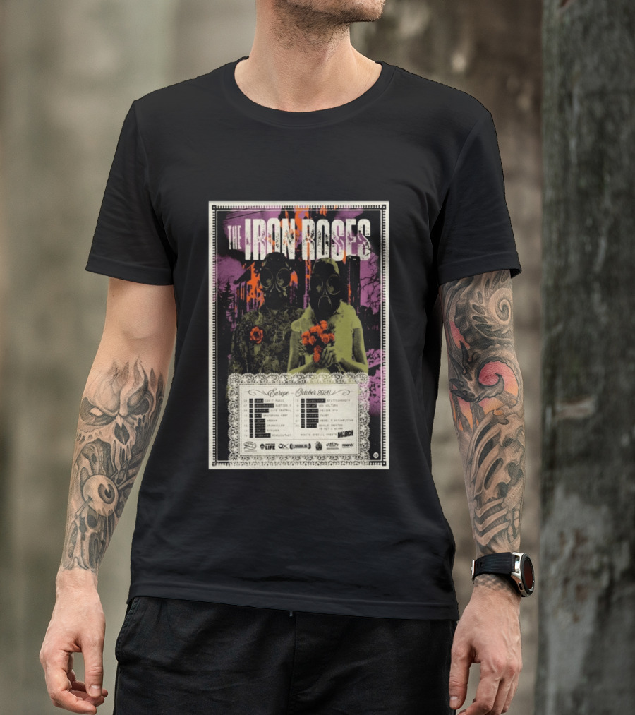 The Iron Roses Tour Europe 2026 October Dates With Gas Masks And Roses T-Shirt