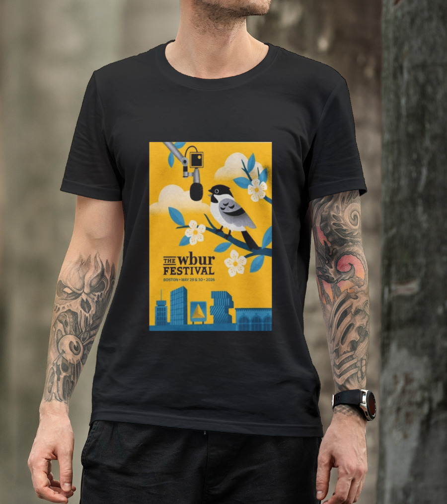 The Wbur Festival Boston 2026 Yellow Bird Microphone Urban Skyline T-Shirt