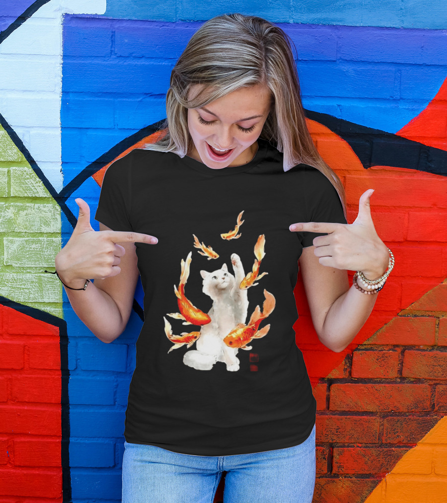 Playful White Cat Surrounded By Goldfish T-Shirt