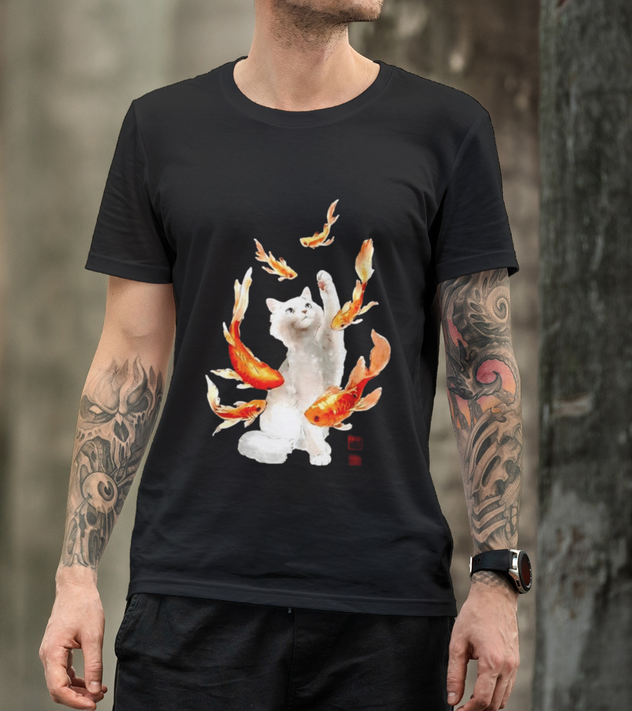Playful White Cat Surrounded By Goldfish T-Shirt