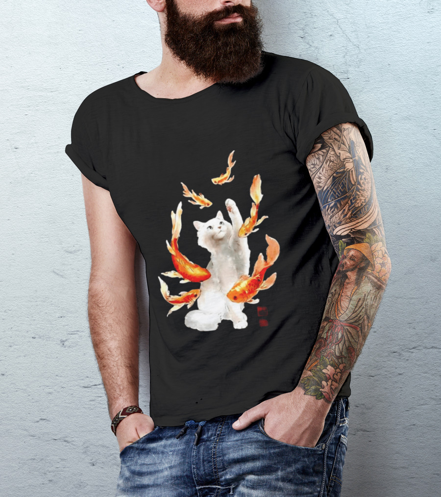 Playful White Cat Surrounded By Goldfish T-Shirt