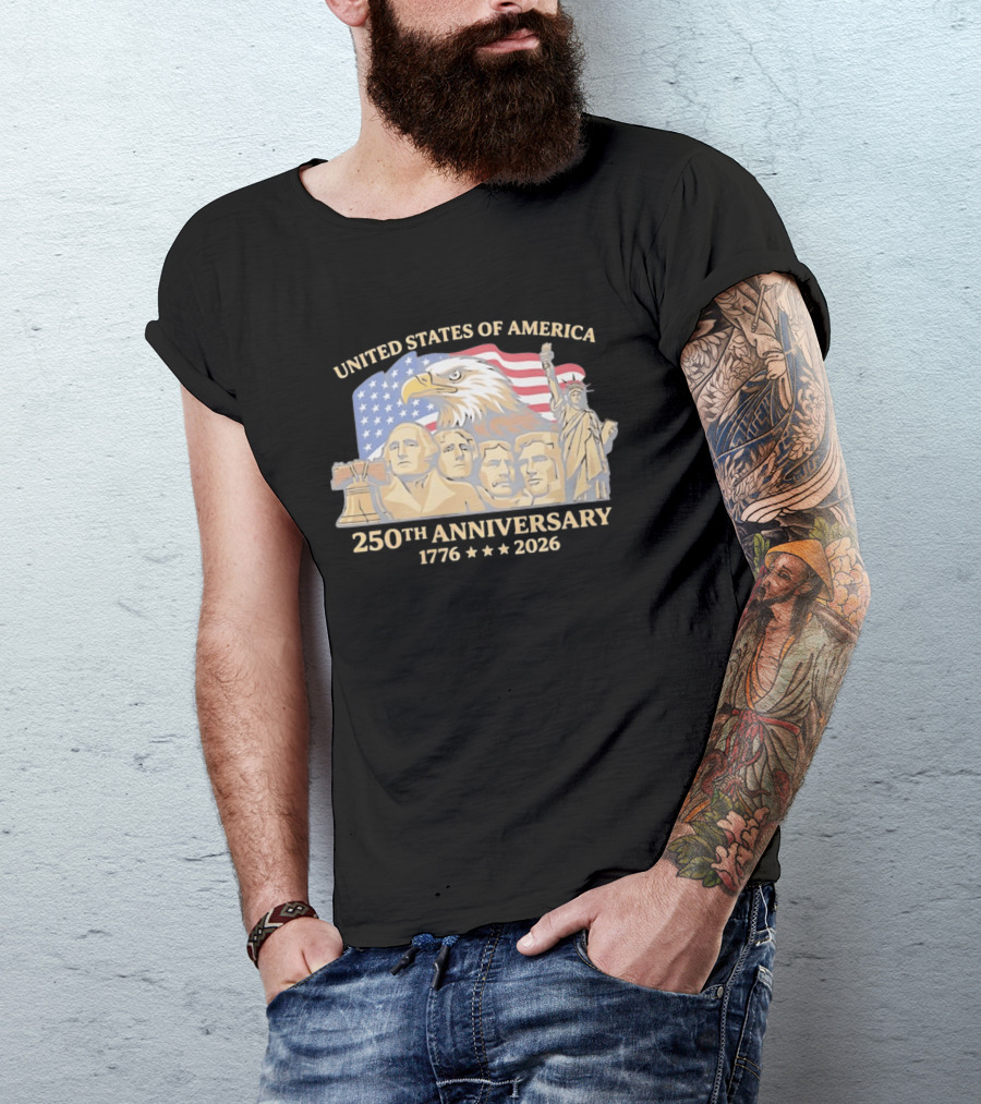 United States Of America 250th Anniversary 1776 2026 Mount Rushmore Liberty Bell Statue Of Liberty Bald Eagle Flag T-Shirt