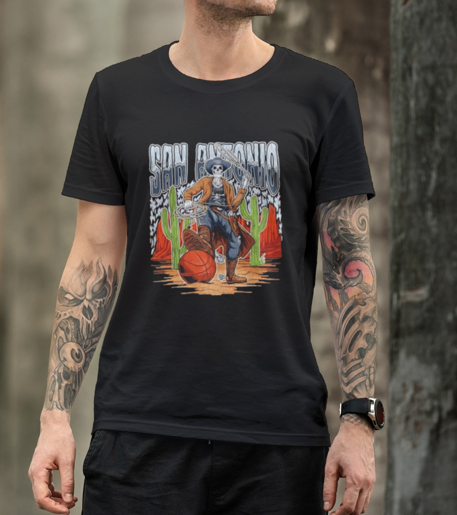 San Antonio Skeleton Cowboy With Basketball And Cactus Scene T-Shirt