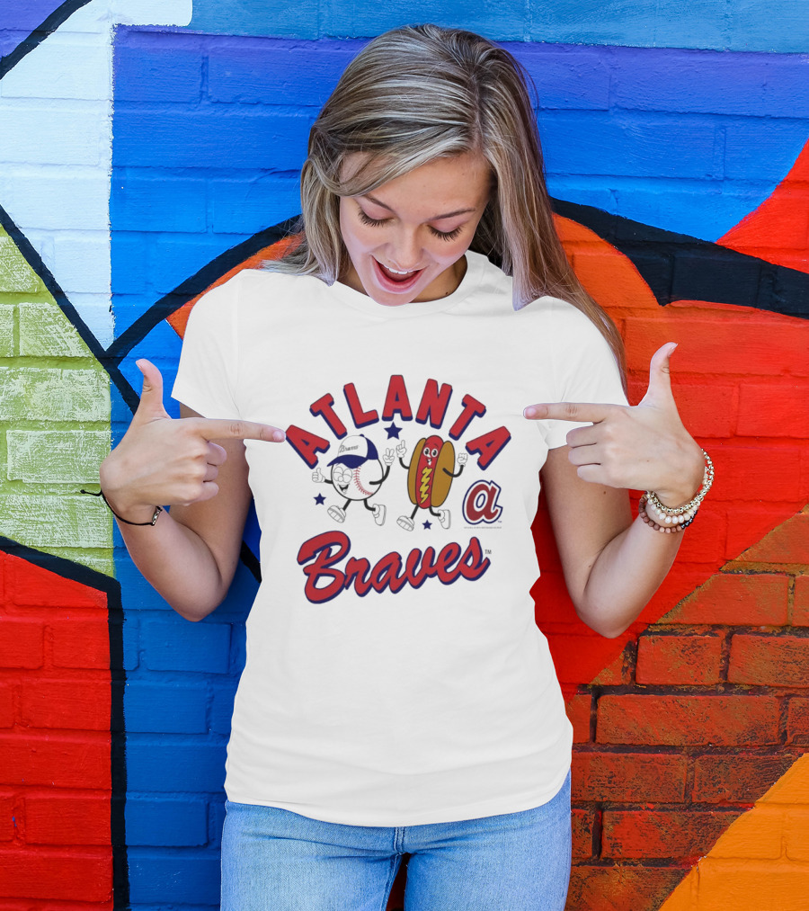 Atlanta Braves Baseball Character With Hot Dog Snack And Team Spirit T-Shirt