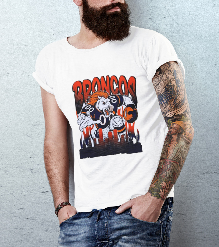 Denver Broncos Football Bronco Running Horse Skyline T-Shirt