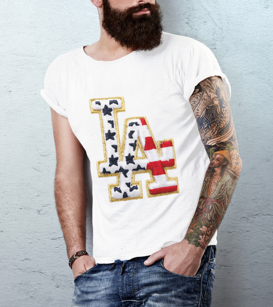 Dodgers LA 250th Anniversary Stars And Stripes Gold Trim Patch T-Shirt