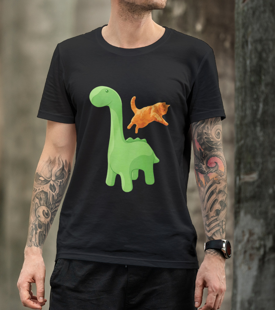Cat Jumping Over Green Dinosaur Cartoon Image T-Shirt