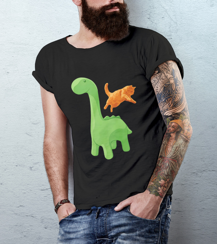 Cat Jumping Over Green Dinosaur Cartoon Image T-Shirt