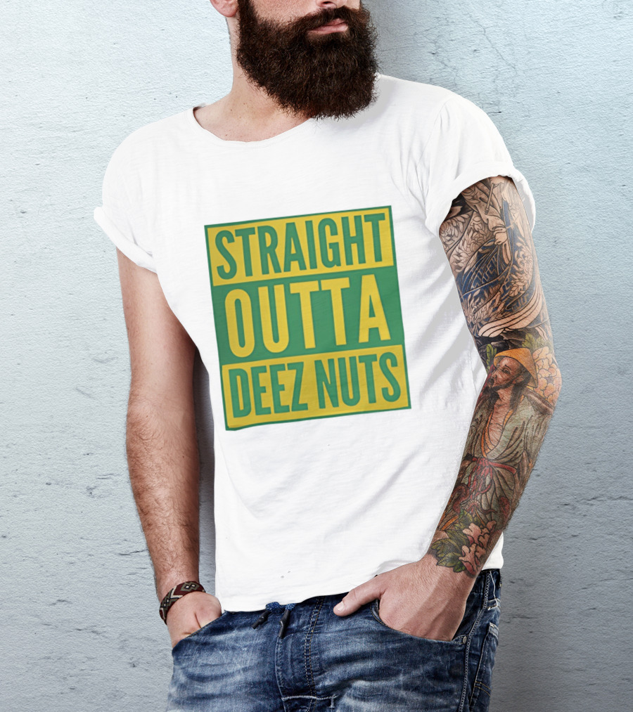 Straight Outta Deez Nuts Bold Yellow Green Block Letters T-Shirt