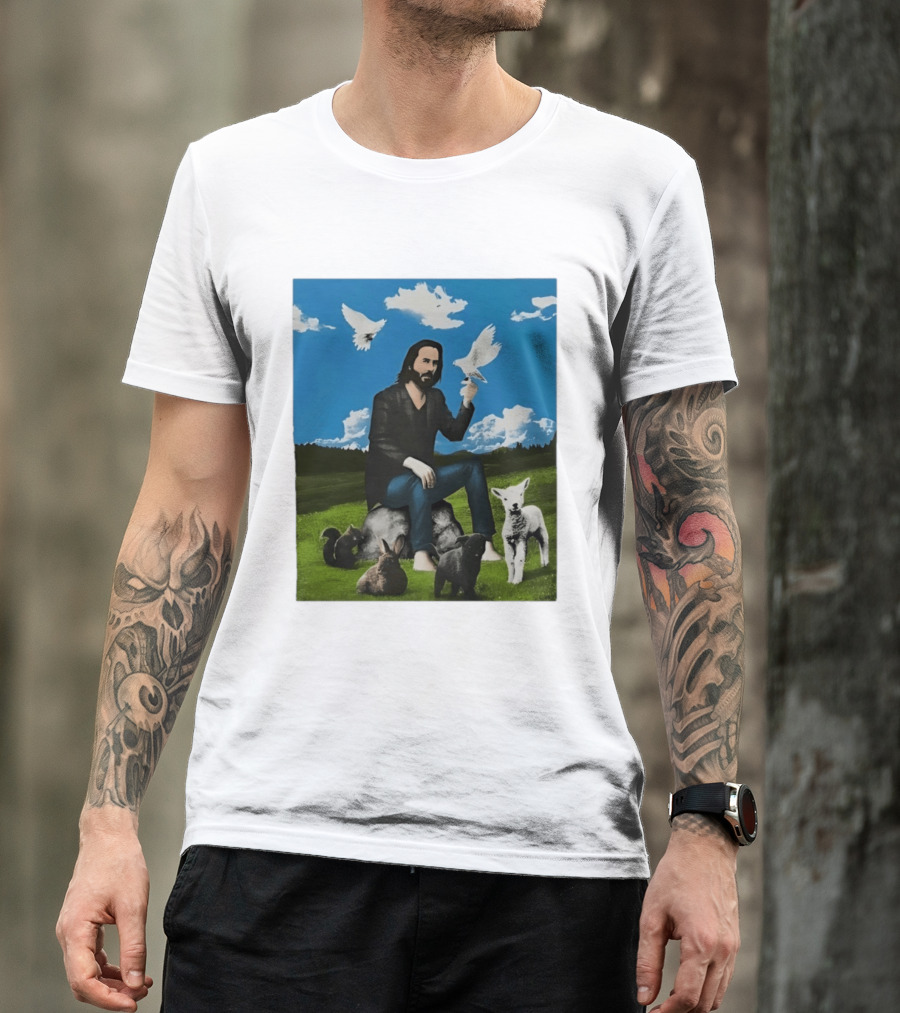 Keanu Reeves Peaceful Meadow With Animals And Doves T-Shirt