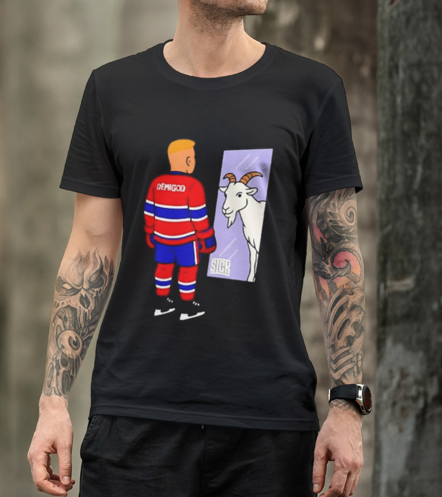 Demigod Hockey Player Looking In Mirror With Goat Reflection T-Shirt