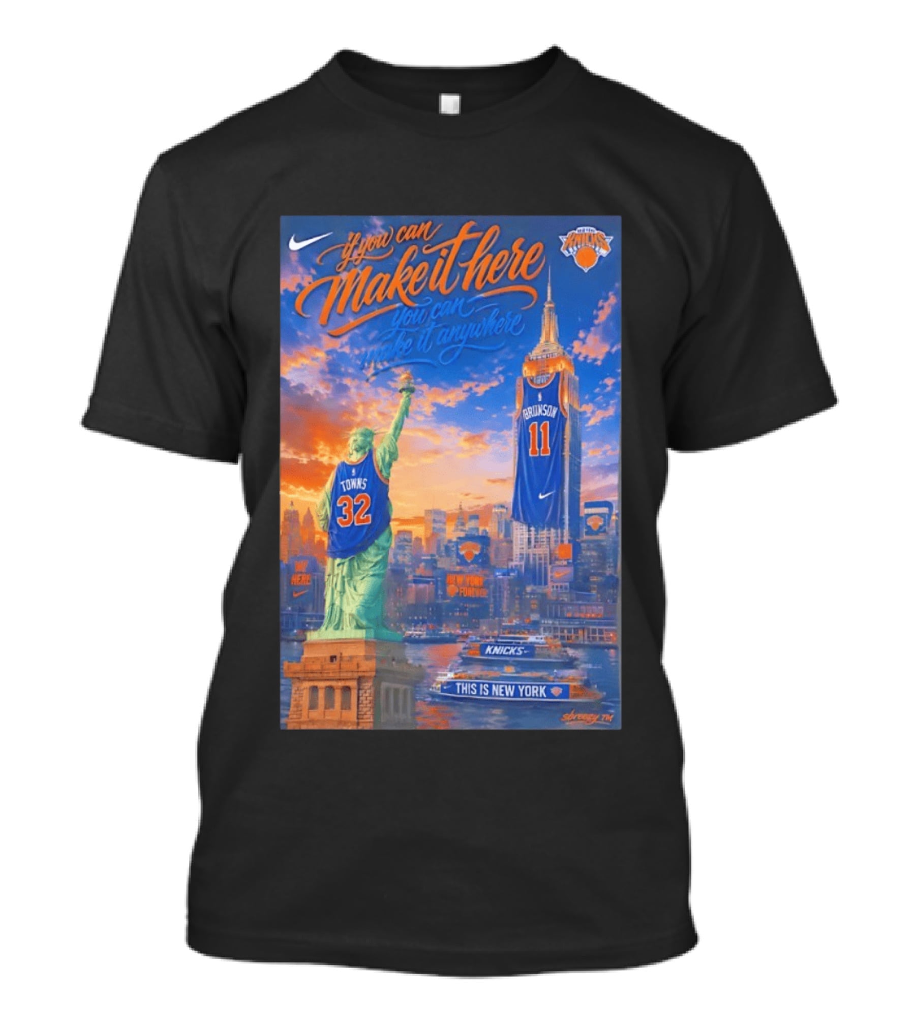 If You Can Make It Here New York Knicks Brunson Towns Jersey Landmark Skyline T-Shirt