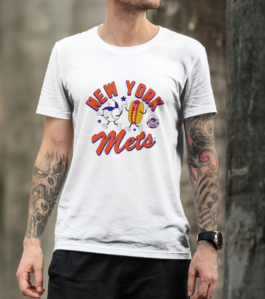 New York Mets Hot Dog Cartoon Baseball T-Shirt