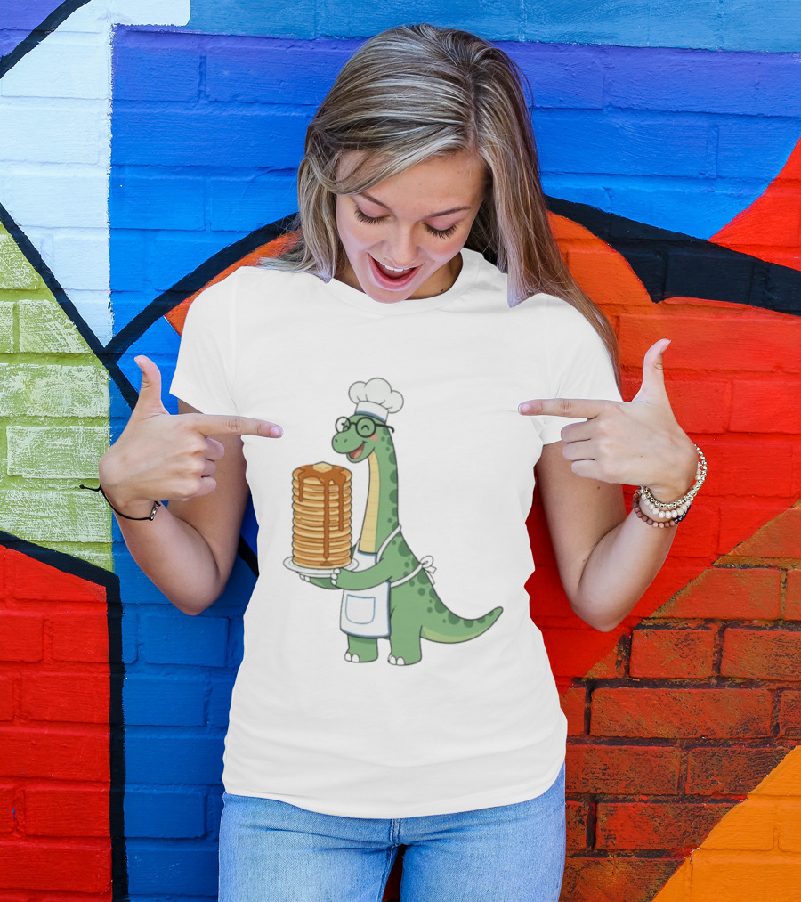 Chef Dinosaur With Towering Pancakes And A Smile T-Shirt