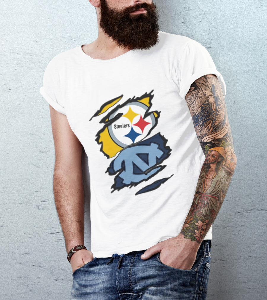 Pittsburgh Steelers UNC Tar Heels Ripped Metal Effect Logo Fusion T-Shirt
